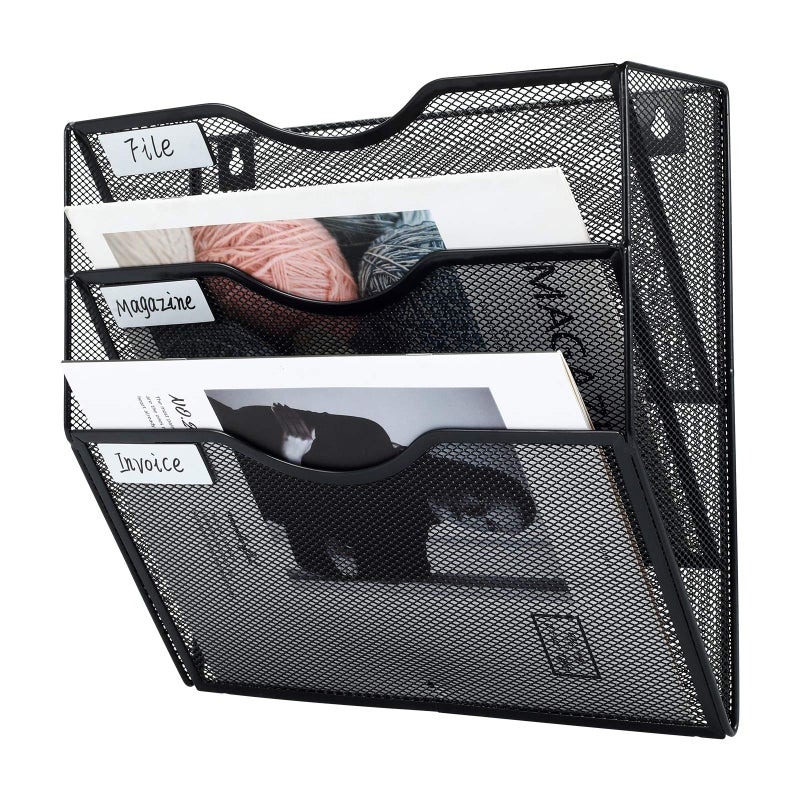PAG Hanging Wall File Holder Mail Organizer Wall Mount Document Letter Rack, 3-Tier, Black - Image 2